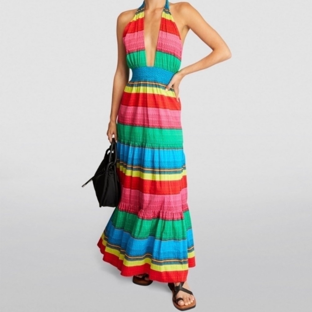 Alice + Olivia NWT Lyndon Multicolor Cabo Stripe Maxi Dress Halter Cut Out Flowy